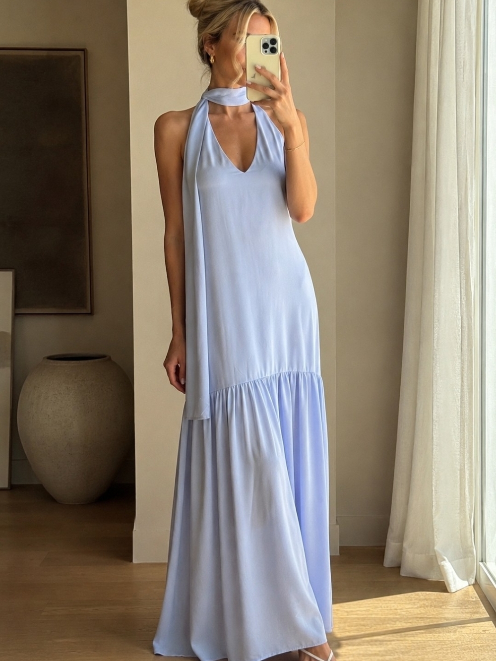 WAYE Where You From Light Blue Halter Maxi Dress Scarf Neck Ruffle Size Small/P